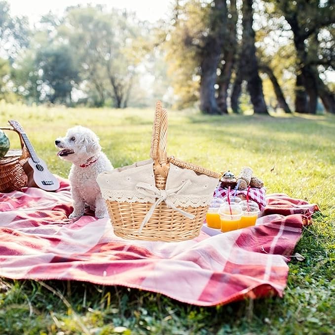 Sosoport Woven Rattan Picnic Basket with Lid and Handle, 1pcs Tote Storage Basket for Fruit and Vegetable Holder, Rustic Outdoor Picnic Accessory for Home and Garden