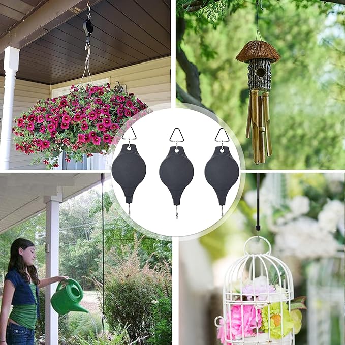 Sungmor Plant Pulleys 3PC Black Adjustable Plant Hangers, Indoor Outdoor Retractable Hanging Plant Hook, Telescopic Higher Lower Easy Reach Ceiling Hooks for Hanging Flower Basket Planter Bird Feeder