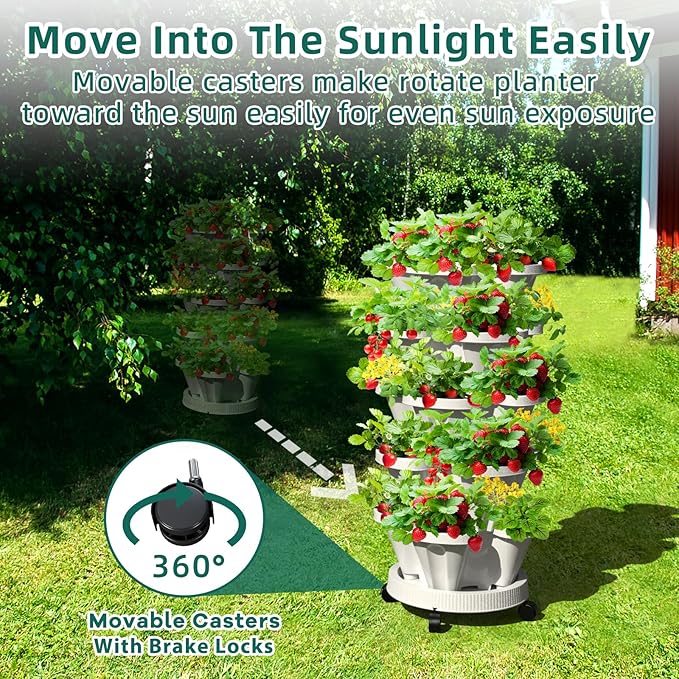 Strawberry Vertical Planter, Stacking Garden Tower, 3 Tiered Stackable Herb Vegetable Planters with Movable Casters and Bottom Saucer Indoor and Outdoor - Black