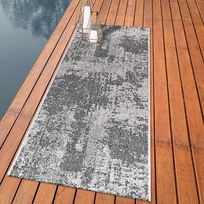 Keen Home Design Terrace Outdoor Runner Rug - 26"x119" Washable Indoor/Outdoor Rug for Patio, Kitchen, Balcony, Beach, Garden, Deck and Porch, Size: 2'2" x 9'11", Abstract Black