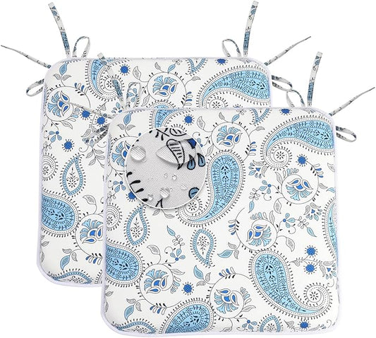 GUEGLSA Outdoor Indoor Waterproof Seat Cushions,16x16 Inches Patio Chair Cushion with Ties,Machine Washable Seat Pad for Home Garden Kitchen Dining Office Chair,Set of 2, Blue Paisley