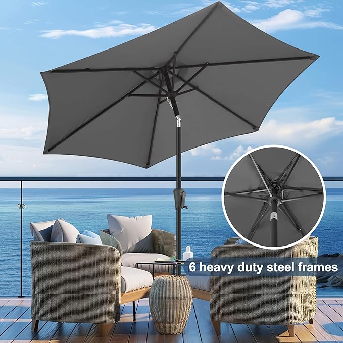 FLAME&SHADE 9ft Patio Umbrella Outdoor - Table Umbrella with Push Button Tilt and Crank, UV Protection, 6 Sturdy Ribs, Market Umbrella for Garden, Deck, Backyard, Lawn, Pool and Beach(Anthracite)
