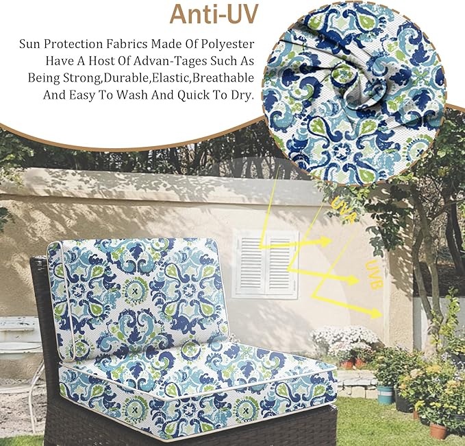 14 Pcs Outdoor Replacement Cushions for Patio Furniture, All Weather Water Resistant Cushion for 6 Seat Rattan Wicker Sectional Patio Conversation Sets and Couch (Summer Ocean)
