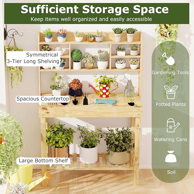 Giantex Potting Bench, Outside Solid Wood Potting Table with Flip-up Tabletop, Shelves, Indoor Outdoor Wooden Workbench for Patio Porch Balcony, Potted Plant Display Rack, 42"x18"x60", Natural