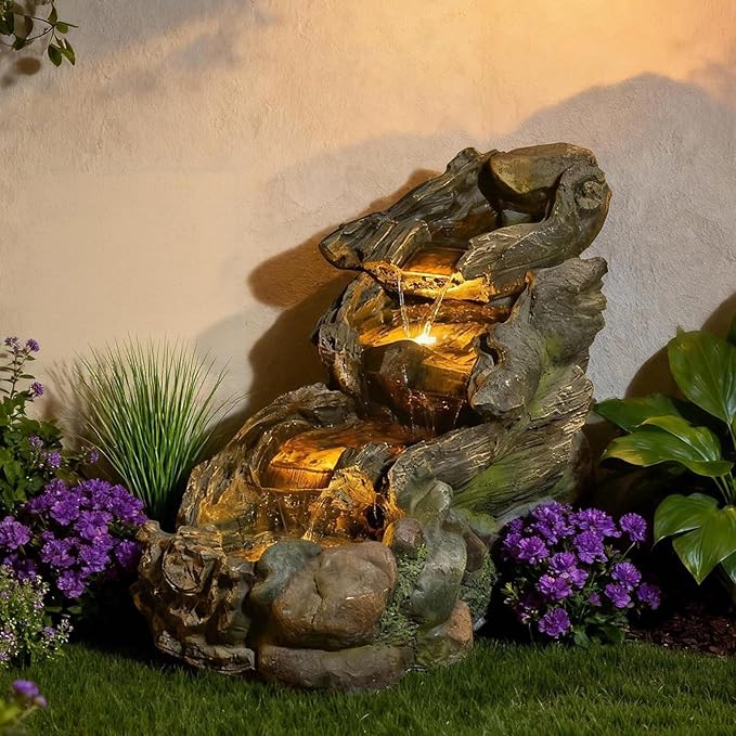 37" L Outdoor Water Fountain with 3 Tiers Cascading Realistic Tree Trunk Waterfall Fountains with LED Lights Outdoor Water Fountain for Garden Patio Backyard Porch Home Decor