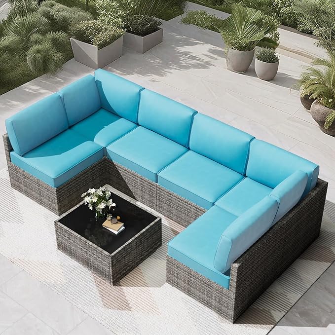 Patio Cushions for Outdoor Furniture,Water-Resistant Outdoor Cushions for 6 Seat Outdoor Sectinal,25.3"×25.3" Deep Seat Sofa Cushions, 14-Piece Outdoor Couch Cushions,Lake Blue