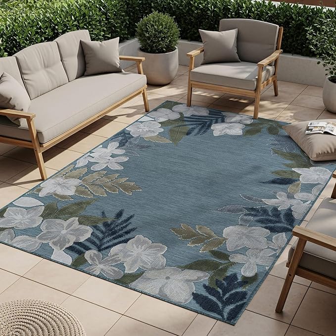 Outdoor Rug 6x9 Washable Area Rugs Indoor Outdoor Carpets Aqua Border Floral Non Shedding Waterproof Easy Clean Patio Deck Porch Living Room Bedroom Garden RV (6 X 9 Aqua)
