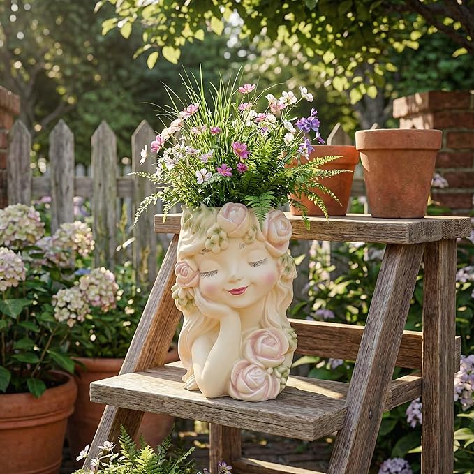 Decorative Garden Fairy Head Planter - Resin Flower Pot, Succulent Planter Holder, Tall Face Planters Pots, Phrenology Head Bust, Unique Planter Pot Sculpture, Elegant Home & Patio Decor