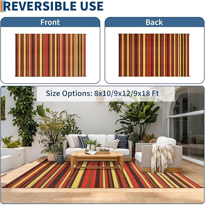 9x12 Outdoor Rug Waterproof Foldable Plastic Straw Carpet for Patio Porch Colorful Line Reversible Mat Lightweight Floor Mat for Picnic, Backyard, Rv, Beach, Deck, Camper, Balcony，Orange/Red