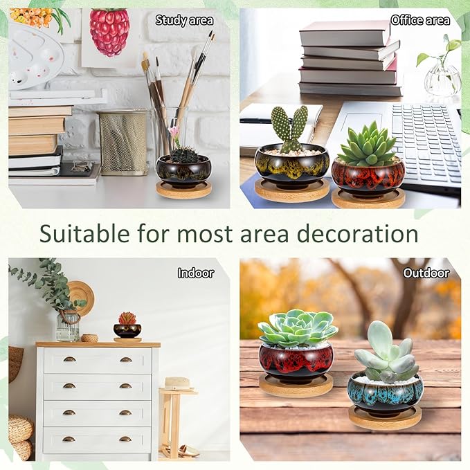 12 Pcs Ceramic Succulent Garden Pots Succulent Small Plant Cactus Planter Ceramic Pot with Drainage Hole and Bamboo Tray Matte Round Container (2.5 Inch)