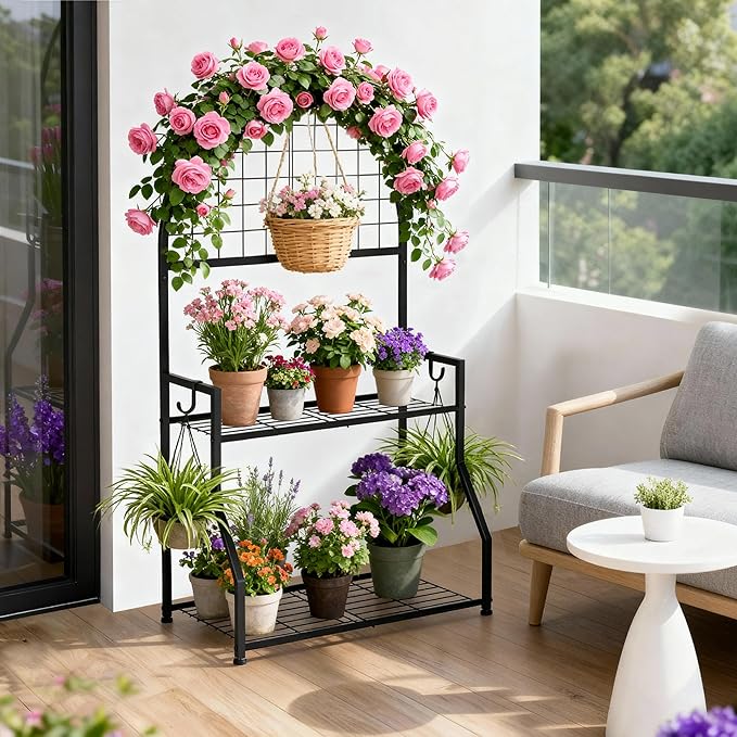 2 Tier Plant Stand Indoor Outdoor, Metal Plant Display Stand Plants Shelf Rack for Multiple Plants, Black Flower Plante Pots Holder for Patio Garden Balcony Living Room