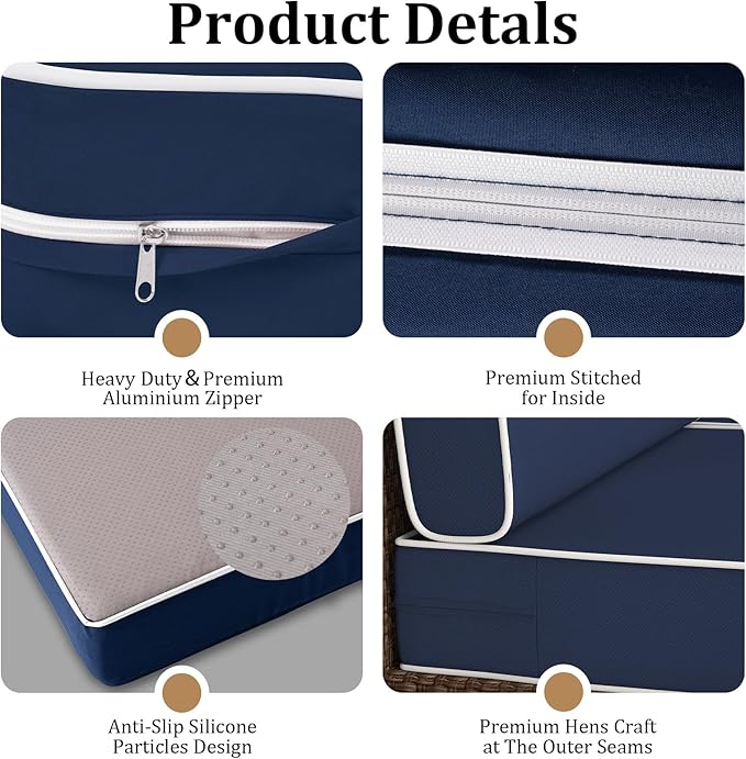 14 Pcs Outdoor Replacement Cushions for Patio Furniture, All Weather Water Resistant Cushion for 6 Seat Rattan Wicker Sectional Patio Conversation Sets and Couch Navy Blue(White Piping)
