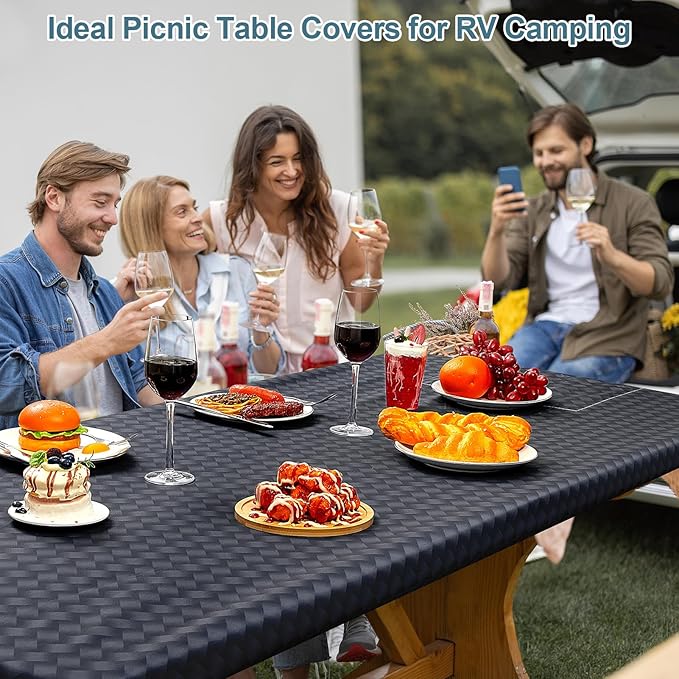 Picnic Table Cover with Bench Covers Portable Table Cloth Built-in Storage Pocket Picnic Table Covers With Elastic Waterproof Camping Essentials for RV Camping