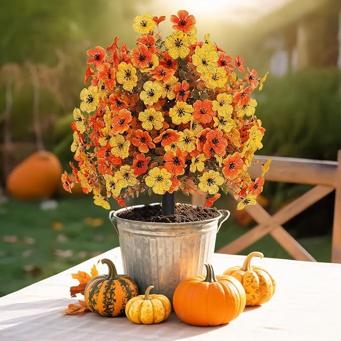 Outdoor Fall Artificial Flowers - 2 Pack Topiary Flower Balls with Ground Stakes, UV Resistant Orange and Yellow Fake Flower Bushes for Porch, Garden and Thanksgiving Decoration
