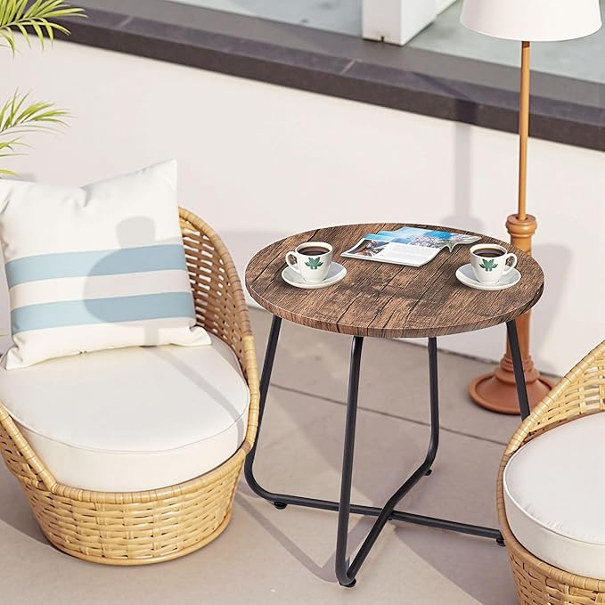VECELO 17.7 inch Small Round Outdoor Side Table,Patio End Table,Waterproof Wood Table with Weather Resistant Steel Adjustable Feet for Living Room Bedroom Garden Yard Balcony Porch Poolside