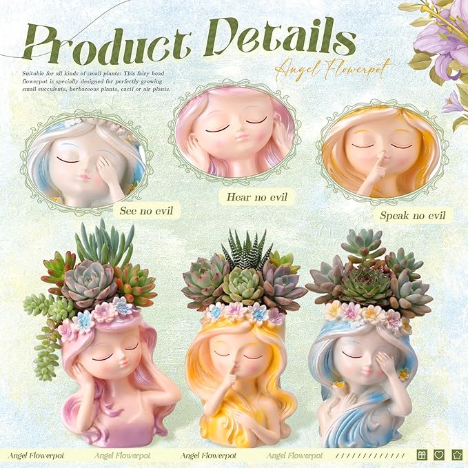 3 Pcs Miniature Fairy Head Succulent Plant Pot Set, 4 Inch Angel Face Flower Pots, Indoor Cactus Pots, Cute Vase Decorations for Garden Home Decor Plant Lovers Gift