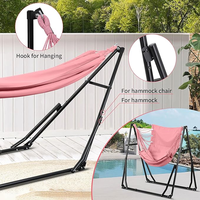 Ainfox Hammock with Foldable Stand, 2 in 1 Hammock and Swinging Chair with Carrying Bag, Portable Camping Chair Suitable for Outside, Swing,Patio,Garden,Camping Trip Pink