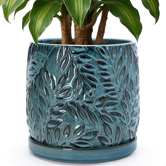 D'vine Dev 10 Inch Embossed Leaves Stoneware Planter Pot with Drainage Hole and Saucer, Ocean Teal, 27-A-P-8
