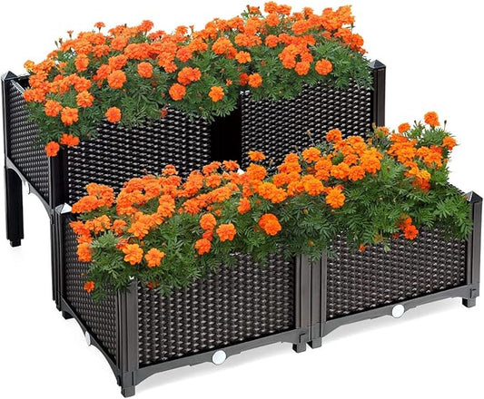 Giantex Raised Garden Bed, Set of 4 Planter Raised Beds Kits with Drain Holes for Fruit Flowers Vegetables, Outdoor Elevated Planting Box for Lawn Patio Balcony, Easy Assembly, Rattan-Like Look, Brown