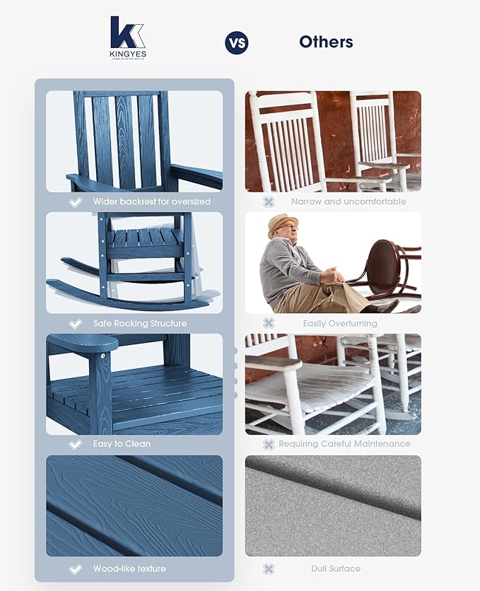 KINGYES Outdoor Rocking Chair Set of 4, All-Weather Patio Rocking Chairs for Porch, HDPE Rocking Outdoor Chairs with High Back for Adult, Heavy Duty Outdoor Patio Rockers for Garden, Lawn, Blue