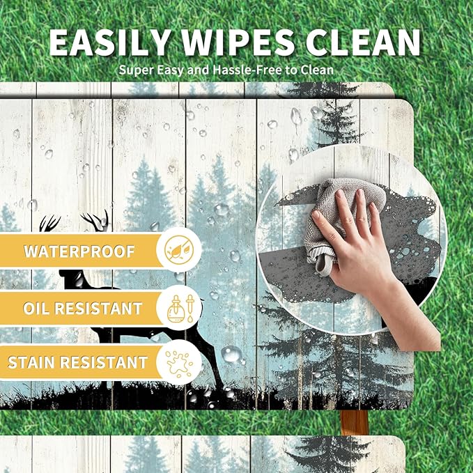 Picnic Table Cover with Bench Covers 72IN 6FT, Camping Essentials Tablecloth Waterproof Oilproof with elastic Edge for Indoor Outdoor Patio (Forest Deer)