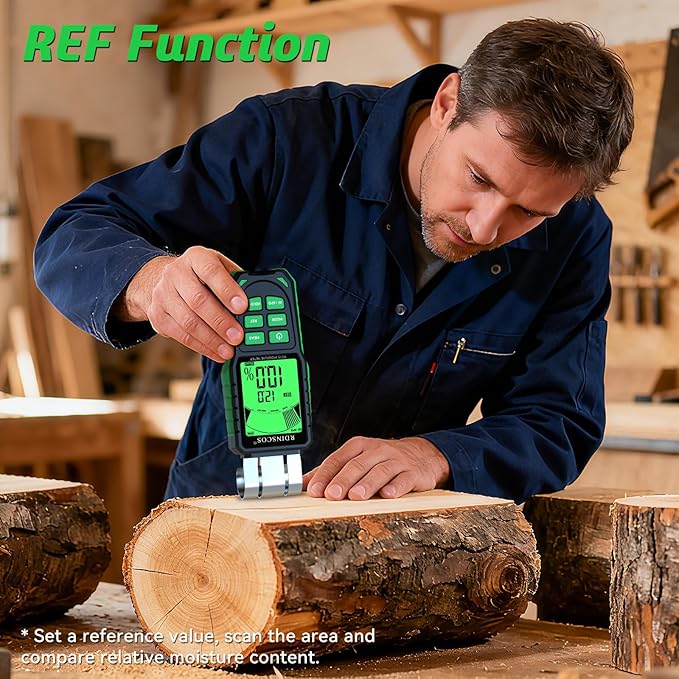 RDINSCOS Pinless Moisture Meter for Wood, Cement, Floors, Drywall, Concrete and Plaster – Non-Invasive Digital Damp Detector with 40mm Depth, REF Mode, Backlit LCD, for Home and Professional Use