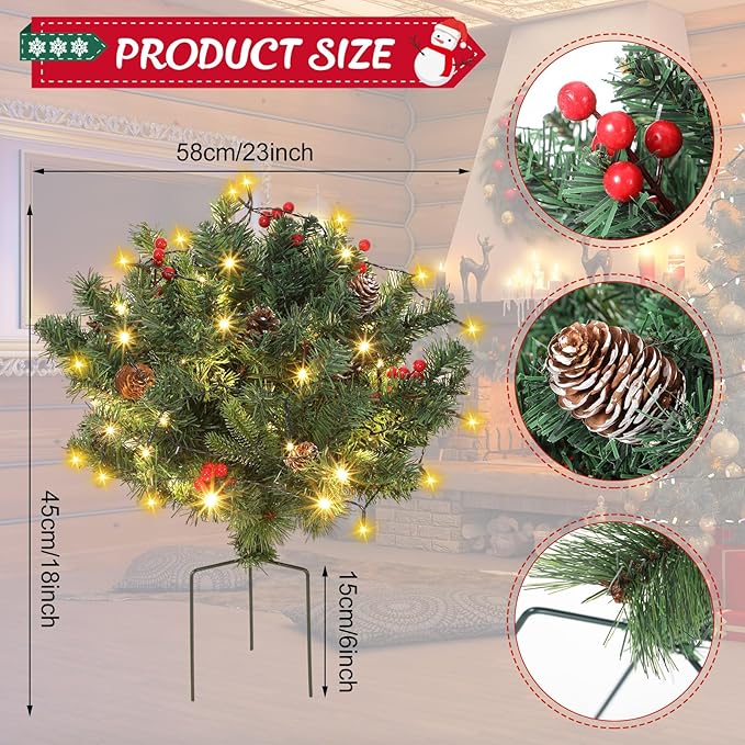 Hotop 3 Pack 18” Pre-lit Christmas Planter Filler Outdoor Christmas Tree Urn Fillers Decorations with Cones, Berries, Tripod Stake and LED Lights Realistic Artificial Planter for Holiday Decor