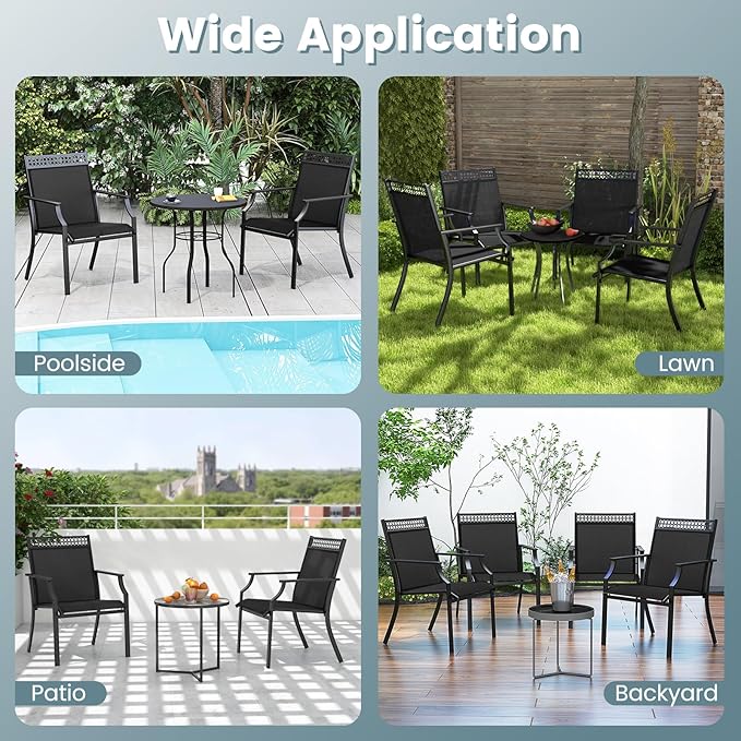Giantex Patio Chairs Set of 4, Outdoor Chairs with All Weather Fabric, High Backrest, Armrests, Heavy Duty Metal Armchair, Outside Dining Chairs for Porch Lawn Garden Yard Pool, Black