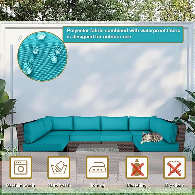 14 Piece Outdoor Patio Cushion Cover Replacement, Waterproof Patio Cushion Covers, Outdoor Furniture Cushion Covers Set for 6 Seat Wicker Rattan Sofa (Turquoise)