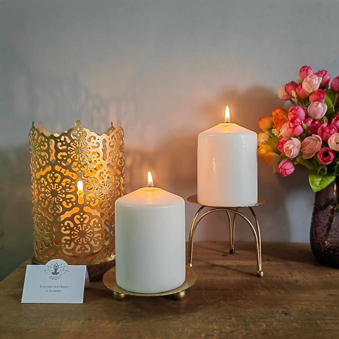 Hosley® Iron Pillar Candle Holders 4 Inch Diameter Tripod Stand Table Centrepiece Perfect for Home Decor, Wedding, Parties, Living Room Pack of 2, Gold