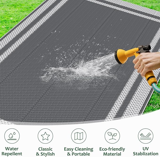 HappyTrends,Outdoor Rug,Patio Rug,Reversible Portable Plastic Straw Rug,Camping Rugs for Outside RV,Large Waterproof Area Rugs for Patio,Deck,Picnic,Porch,Balcony(6'x 9',White&Gray)