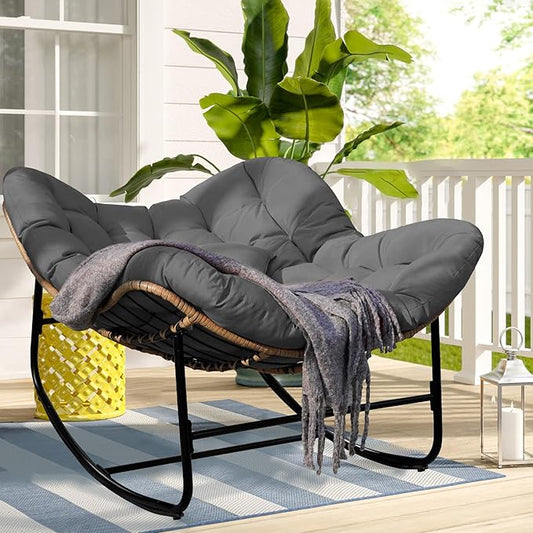 Patio Rocking Chair, Oversized Papasan Rocking Chair with Cushion and Frame for Indoor& Outdoor, Deep Seat Egg-Shaped Rocker Chair for Garden, Deck, Living Room, Grey