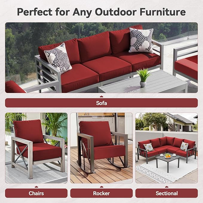6" Thick Outdoor Cushions 24x24x6, 7-Set Deep Seat Patio Cushions with Removable Cover, Waterproof & Fade Resistant Replacement for Wicker Chair, Loveseat, Sofa - Red