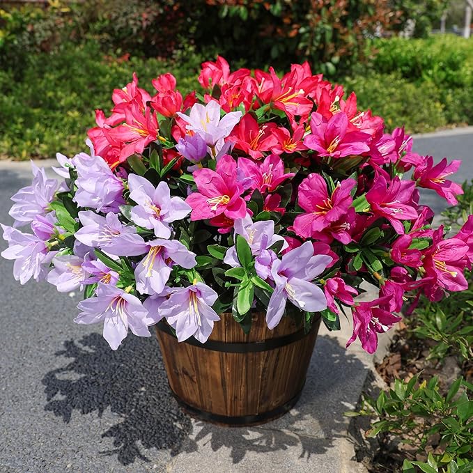 INSPRING Artificial Flowers for Outdoors Outside, 3 Bundles Fake Silk Azalea Flower Realistic UV Resistant Spring Flowers for Decoration Faux Plants for Outdoor Planters Porch Patio Garden Home, Mix