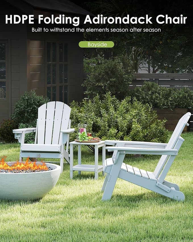 GREENVINES Folding-Adirondack-Chair | HDPE Plastic | Fire Pit Chairs | All Weather | Cup Holder | White | for Deck Backyard Patio Outdoor Garden