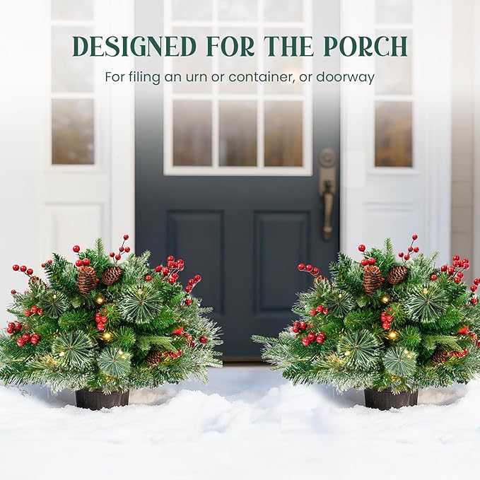 2 Pack Lighted Artificial Christmas Urn Filler,Pre-Lit 50 LED Outdoor/Indoor Trees with 8 Modes & Auto Timer,Battery Operated Christmas Trees Porch Decorations for Home, Porch & Yard (18 Inches)