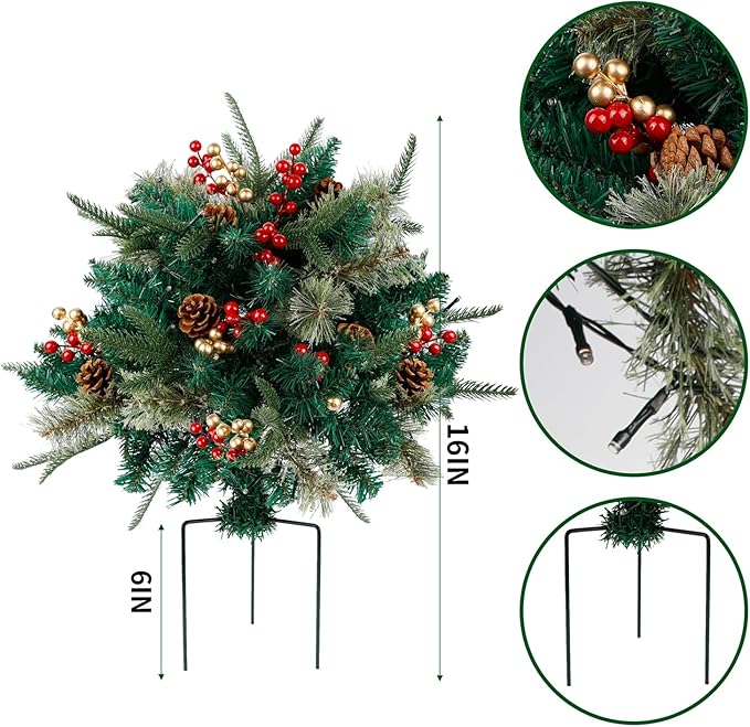 Glintoper Lighted Artificial Christmas Urn Filler, Pre-lit Xmas Pine Trees with Cones, Golden & Red Berries, Tripod Stake and 60 LED Lights, Outdoor Light Up Planter Filler Holiday Home Decor, 1 Pack