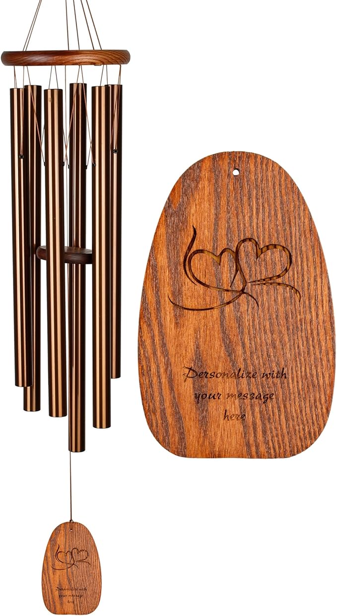 Woodstock Wind Chimes Personalized Amazing Grace Memorial Chime for Outside 40'' Large Bronze Customized Double Heart Bronze Wind Chime for Outdoor Patio Home Garden Décor & Wedding Gift (P-AGLBR15)