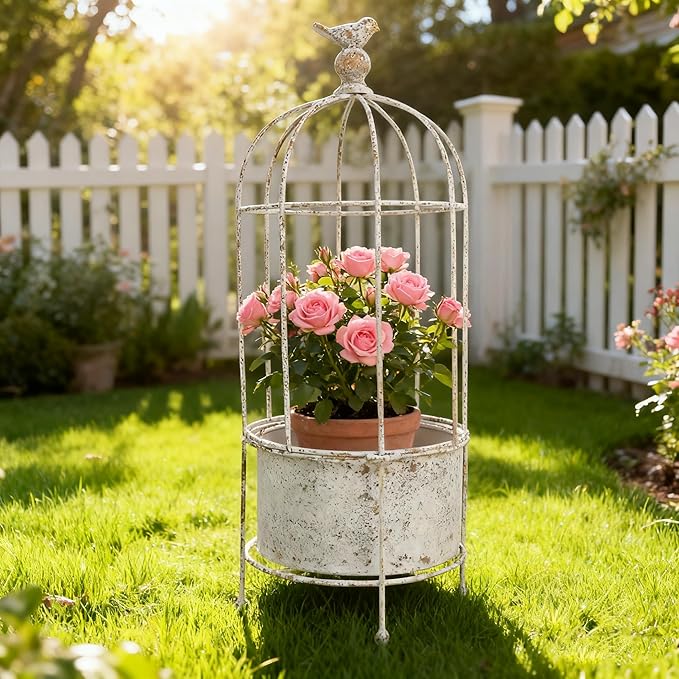 Vintage Rustic Birdcage Planter Stand, Farmhouse Distressed Decorative Metal Round Plants Holder, Outdoor Garden Flower Pot for Climbing Plants, Home Patio Yard Balconies Decor