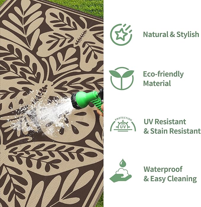 GENIMO Outdoor Rug 6' x 9' Waterproof for Patio Clearance, Reversible Plastic Straw Camping Mat, Lightweight Carpet for Rv, Camper, Deck, Porch, Picnic, Balcony, Beach, H.Coffee & Beige