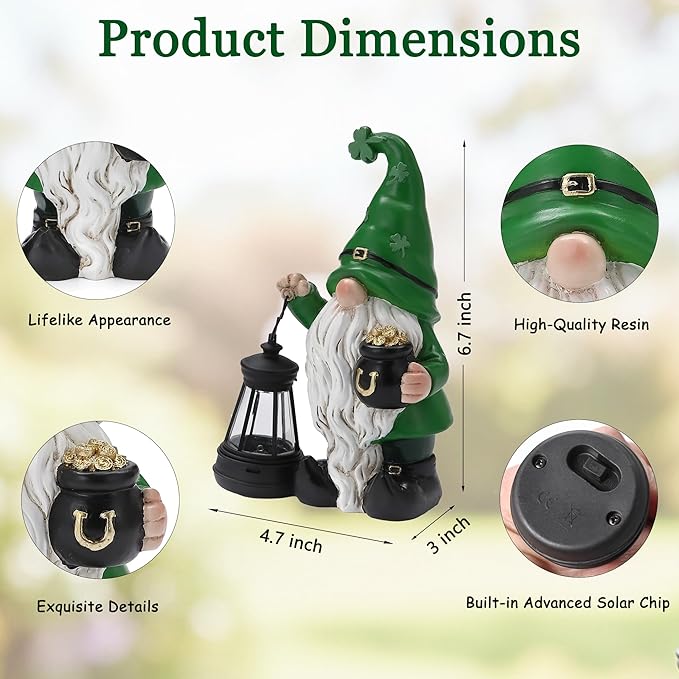 St. Patrick's Day Gnome for Outdoor Decor, Resin Garden Gnome Holding Lantern with Solar Lights, 4.7 * 3 * 6.7inch Solar Garden Statues for Outside, Leprechaun Figurine for Patio, Yard, Lawn