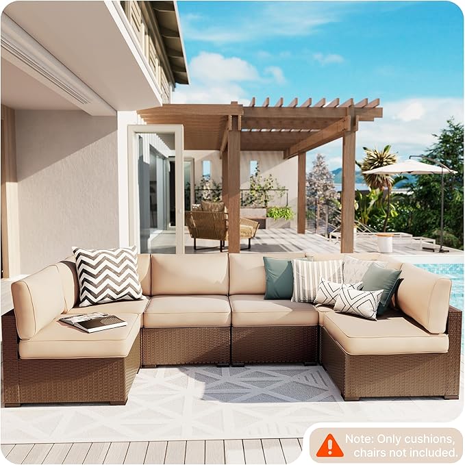 SUNCOZE 14-Piece Outdoor Cushions for Patio Furniture, 25.6"x25.6" Couch Cushion Replacement Designed for 6-Seat Sectional Sofa Sets, Anti-Slip Patio Cushions for Garden, Backyard, Porch (Khaki)