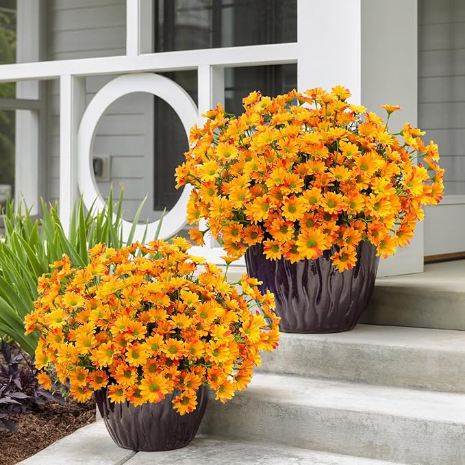16 Bundles Silk Daisy Artificial Flowers for Outdoors UV Resistant Fake Daisies Plastic Plants Flower for Home Outside Front Door Porch Garden Patio Planters Decoration (Orange)