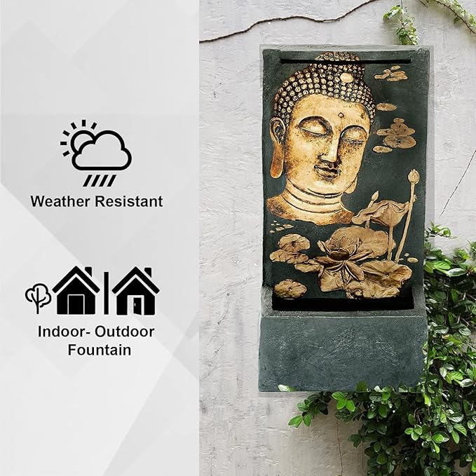 XBrand Polystone Indoor Outdoor Relaxing Zen Buddha Face Wall Water Fountain with Pump and Splash Guard, Wall-Mounted Fountains, Home Garden Patio Backyard Decor, Bronze and Natural Stone Finish