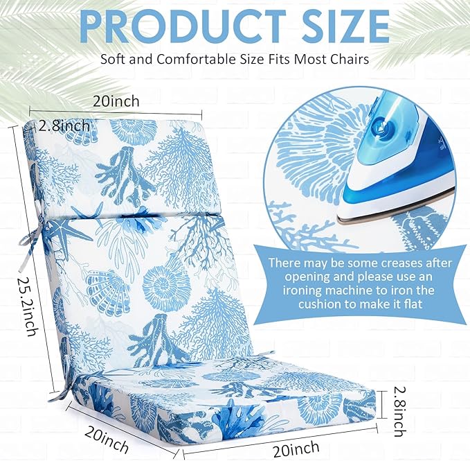 4 Pack Outdoor High Back Chair Cushion, 44 x 20 inches Patio Chair Cushions Waterproof Rocking Cushions Indoor Furniture Seat Pad, Weather Resistant (Ocean,Blue)