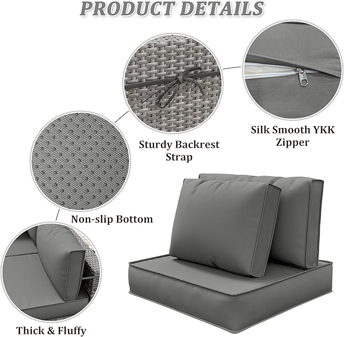 14-Piece Outdoor Cushions for Patio Furniture Thick Outdoor Chair Cushions 5" Foam High-Density Water-Resistant Deep Seat Cushion for 6-Seat Sectional Sets Liner&Cover Light Grey