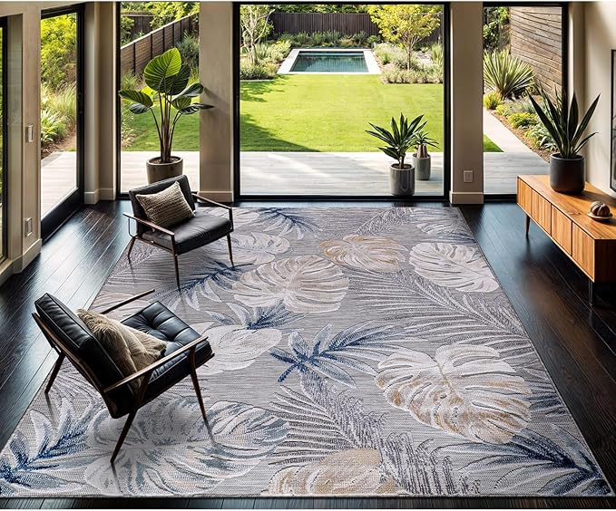 CAMILSON Indoor Outdoor Rug, Blue 10’x14’ Leaf Tropical Botanical Area Rugs for Indoor and Outdoor patios, Easy-Cleaning Non-Shedding Living Room, Garden and Kitchen Washable Outside Carpet (10x14)