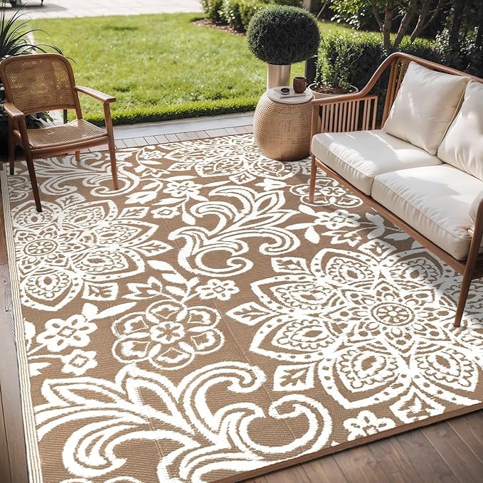 Findosom Waterproof Outdoor Rug 6' x 9' - Reversible Mandala Outdoor Plastic Straw Rug, Durable Foldable Patio Rug for RV, Deck, Balcony, Backyard, Picnic, Porch, Camping, Beach, Brown