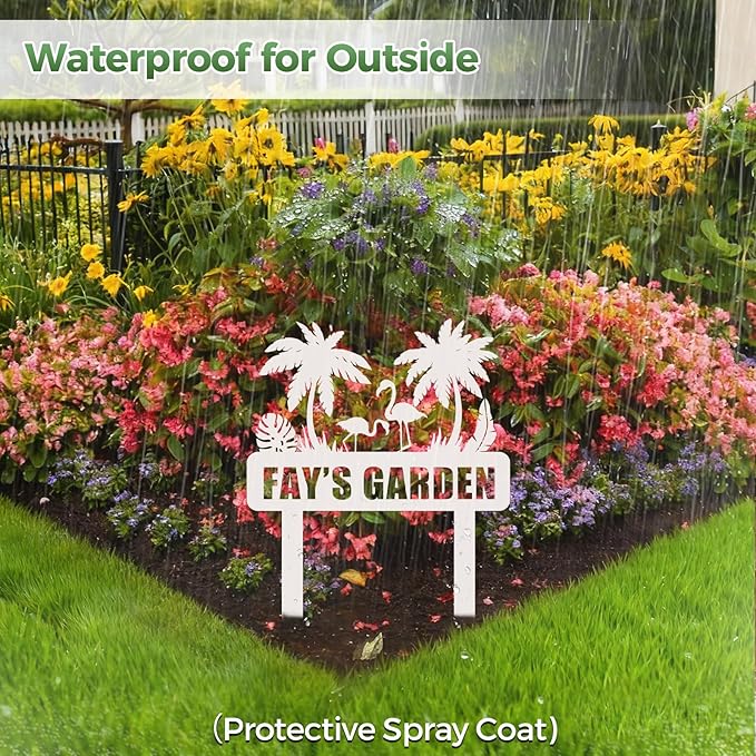 Personalized Metal Garden Sign, Custom Flamingo Decor with Stake, Palm Tree Metal Yard Art, Garden Name Sign,Outdoor Decor,Patio Decoration,Home Present,Gardeners & Planters Gift