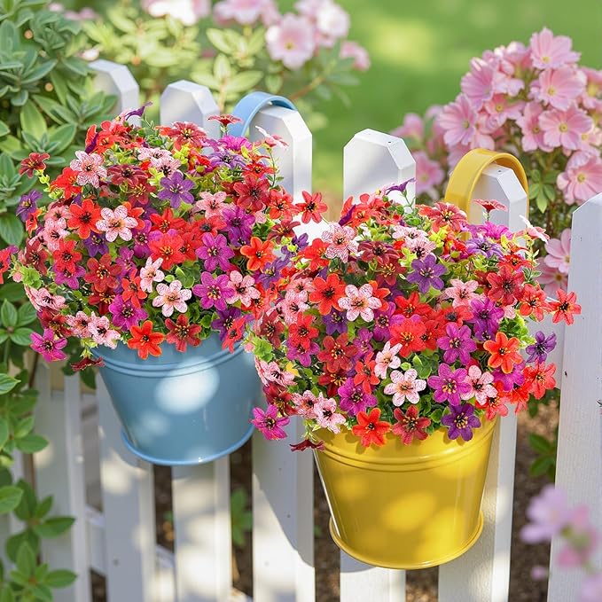 SHareconn 24 Bundles Artificial Flowers for Outdoor Spring Decorations, Realistic Fake Silk Plants UV-Resistant for Outdoor Planters,RedBrownPurpleDeepPurpleOrangePink